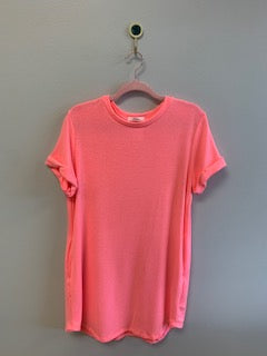 French Terry Pocket T Shirt Dress (Neon Pink)