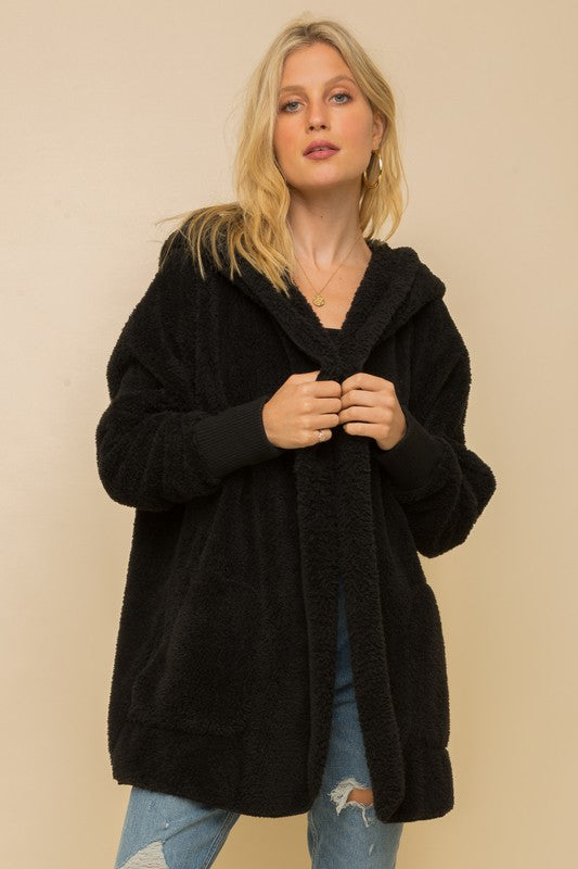 Faux fur hooded jacket with pockets - Black