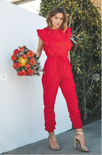 Load image into Gallery viewer, Shoulder Ruffle Sweat Jumpsuit (Red)
