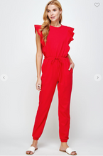 Load image into Gallery viewer, Shoulder Ruffle Sweat Jumpsuit (Red)
