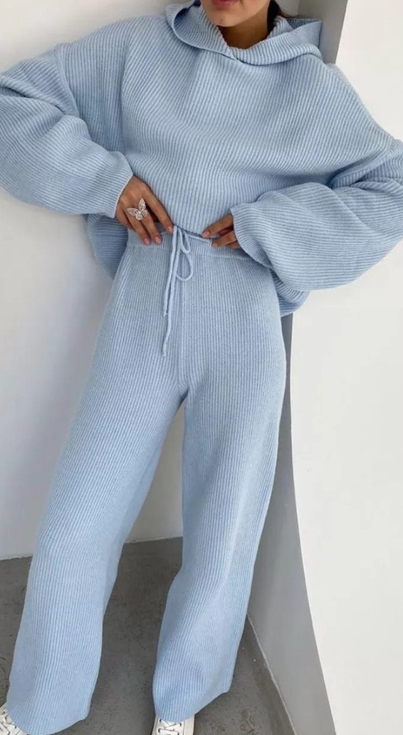 Cozy Knitted Sweater Hoodie and Pants 2-Piece Set- Baby Blue